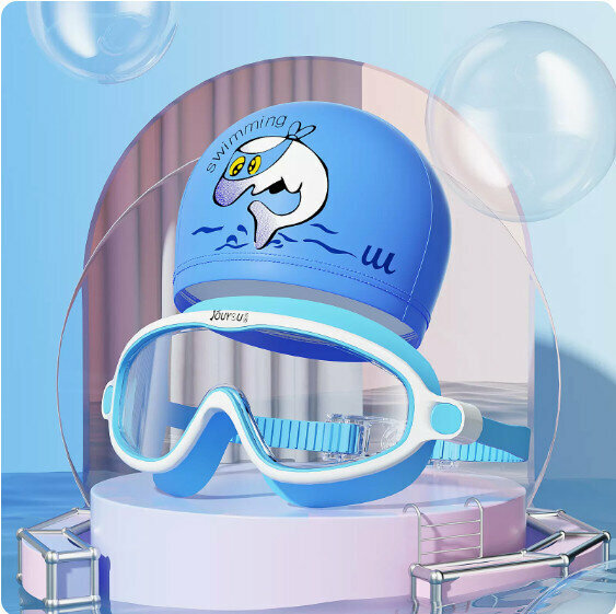 Hot selling children's swimming goggles and cap set (transparent blue and white (large frame) + PU dolphin cap)