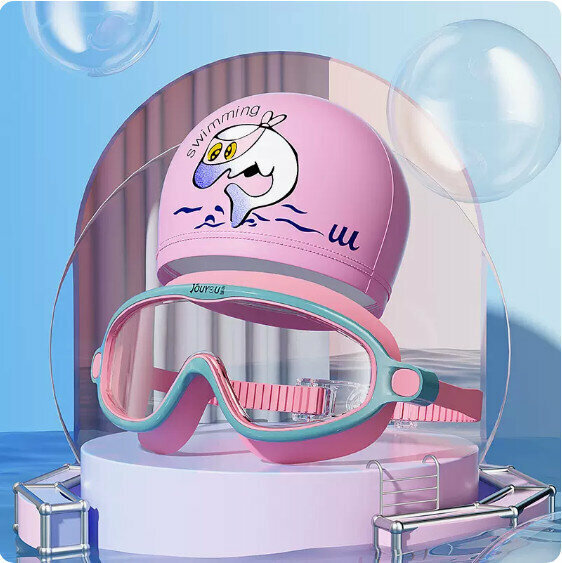 Hot selling children's swimming goggles and cap set (transparent pink and green (large frame) + PU dolphin cap)