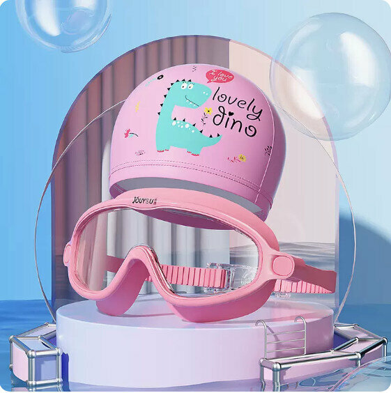 Hot selling children's swimming goggles and cap set (transparent pink (large frame) + PU dinosaur cap)