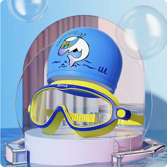Hot selling children's swimming goggles and cap set (transparent yellow and blue (large frame) + PU dolphin cap)