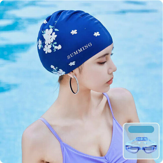 Hot selling silicone ear protection swimming cap and swimming goggles set (navy blue + swimming goggles)