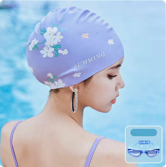 Hot selling silicone ear protection swimming cap and swimming goggles set (purple + swimming goggles)