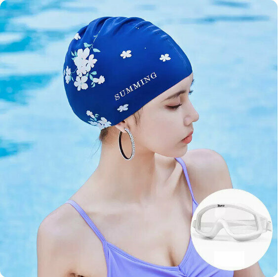 Hot selling silicone ear protection swimming cap and goggles set (navy blue + large frame swimming goggles)