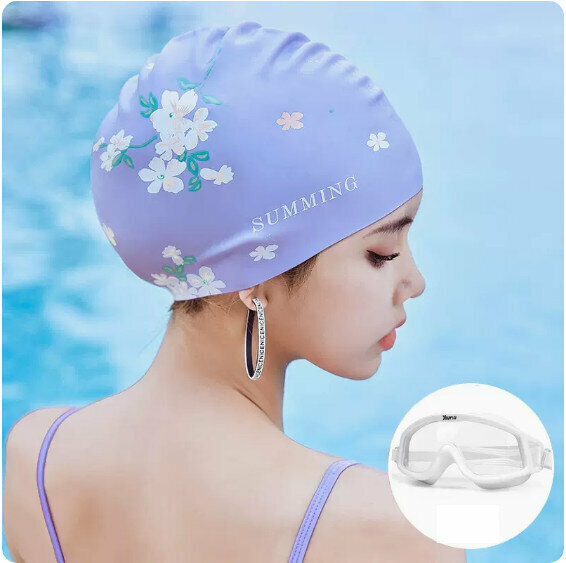 Hot selling silicone ear protection swimming cap and swimming goggles set (purple + large frame swimming goggles)