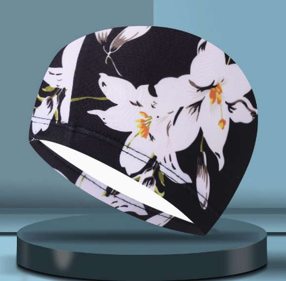 Popular swimming cap for men with fabric that does not strangle the head (black background with white flowers)