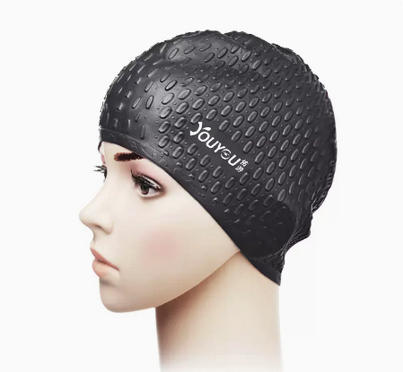 Popular long-hair swimming cap, waterproof, comfortable and non-stretchy (black water drop ear protection cap) 24cm*17cm