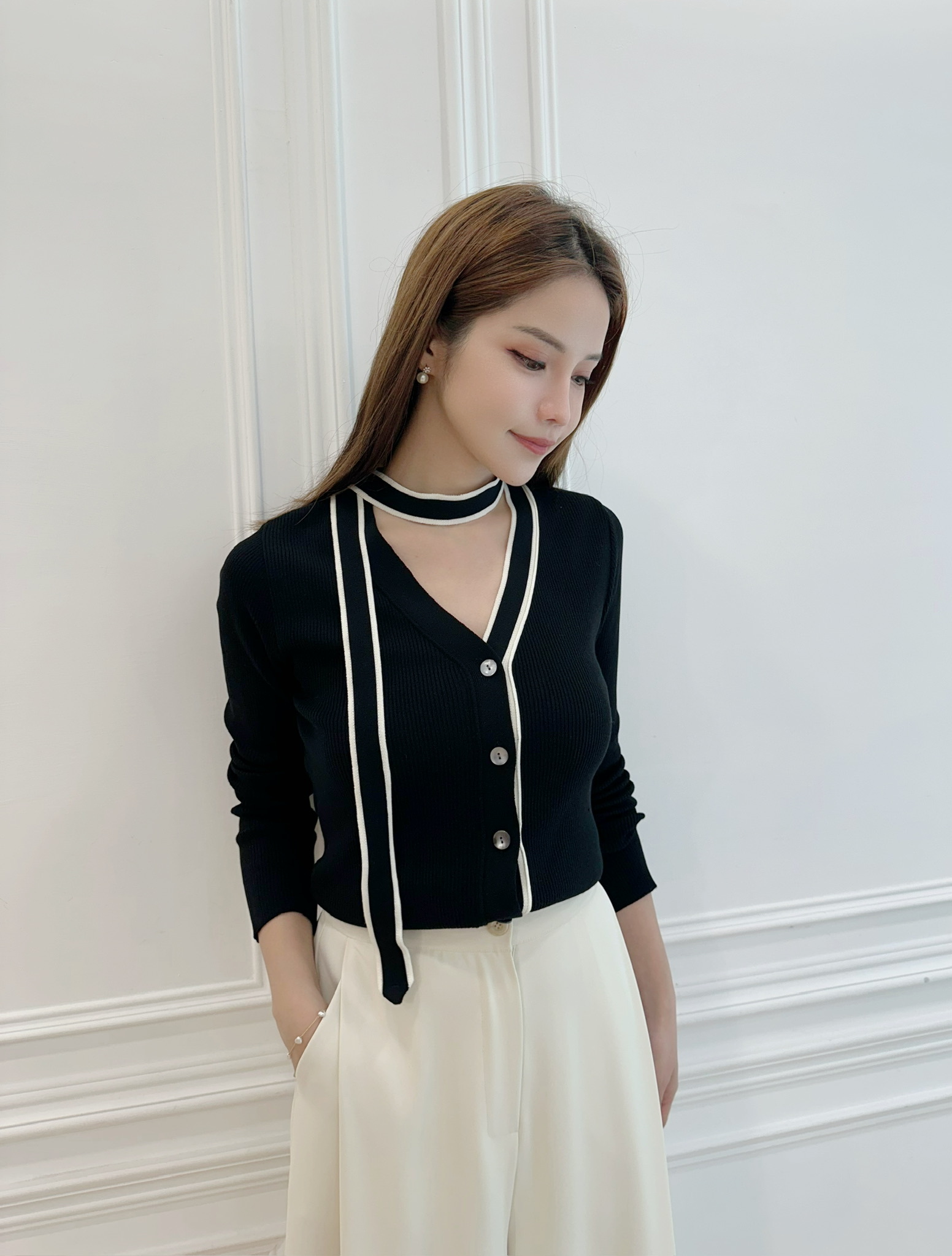 撞色滾邊綁帶開襟針織衫