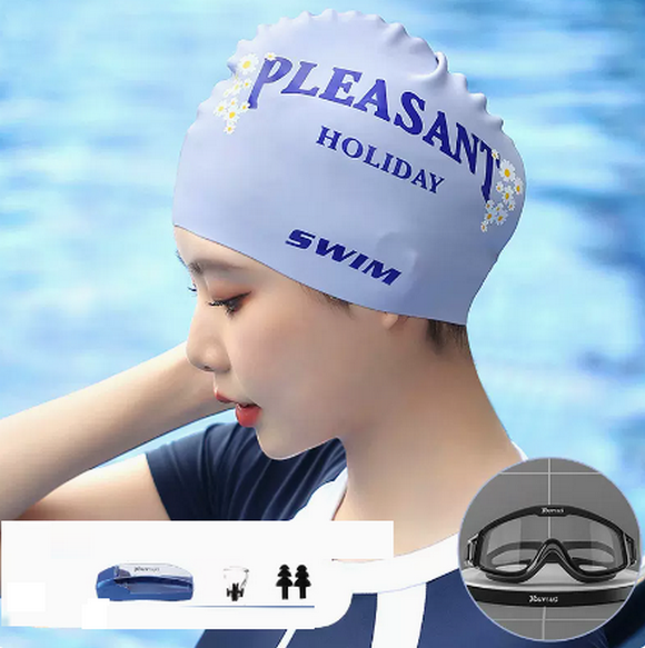 Popular swimming cap for women, waterproof and non-stretching silicone (purple daisy + 60219 large frame transparent black [with nose clip earplugs + glasses case])