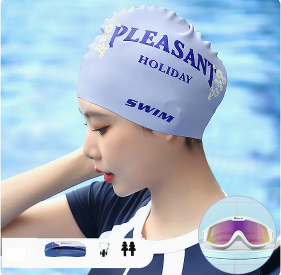 Popular swimming cap for women, waterproof and non-constricting silicone (purple daisy + 60219 large frame colorful white [with nose clip and earplugs + glasses case])