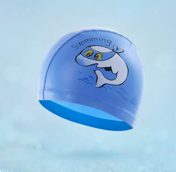 Popular children's swimming cap waterproof pu cap for boys and girls (blue dolphin)