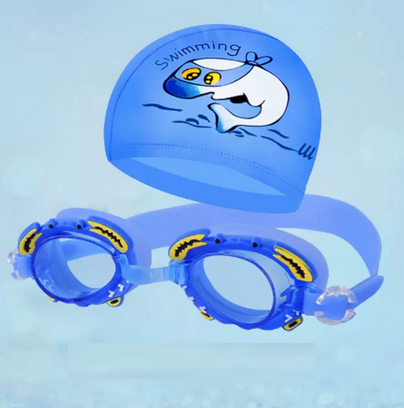 Popular children's swimming cap, waterproof PU cap for boys and girls (blue dolphin + blue swimming goggles (with waterproof earplugs))