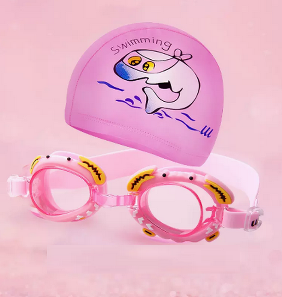 Popular children's swimming cap, waterproof PU cap for boys and girls (pink dolphin + pink swimming goggles (with waterproof earplugs))