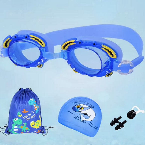 Popular children's swimming cap, waterproof PU cap for boys and girls (blue swimming cap + swimming goggles + swimming bag (with waterproof earplugs))