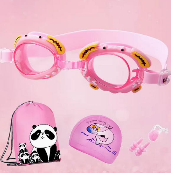 Popular children's swimming cap, waterproof PU cap for boys and girls (pink swimming cap + swimming goggles + swimming bag (comes with waterproof earplugs))