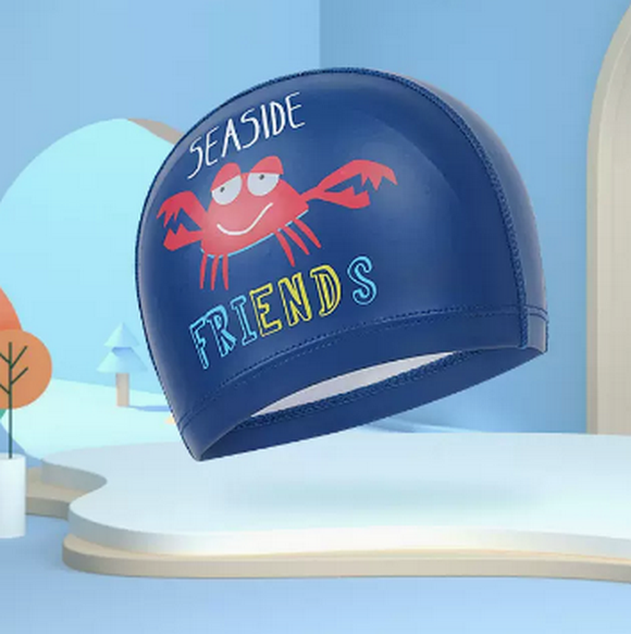Popular swimming cap for boys and girls, waterproof and non-stretching (Navy Blue Crab - PU style)