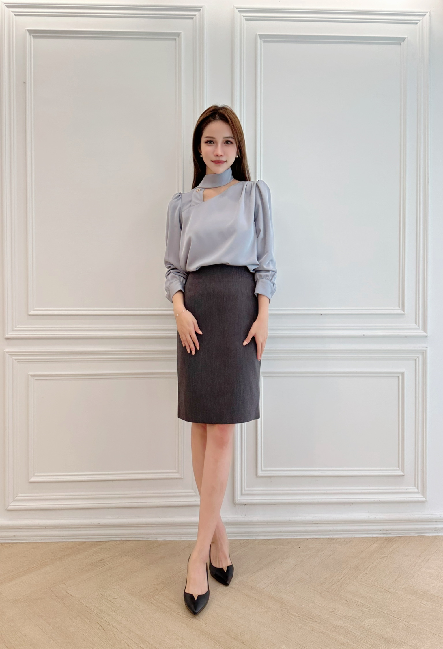 側鈕釦長袖領巾上衣