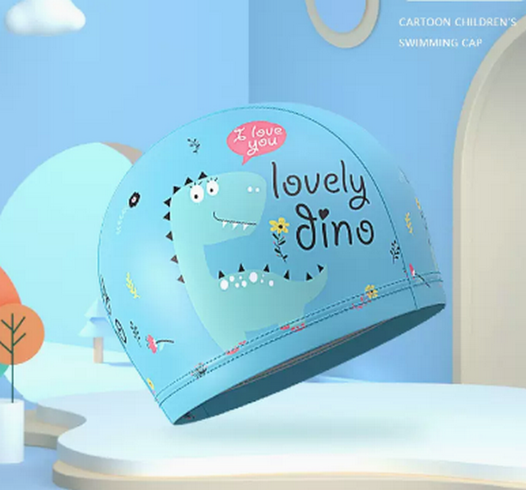 Popular swimming cap for boys and girls, waterproof and non-stretching (Blue Dinosaur-PU model)