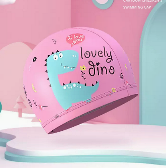 Popular swimming cap for boys and girls, waterproof and non-stretching (pink dinosaur-PU style)