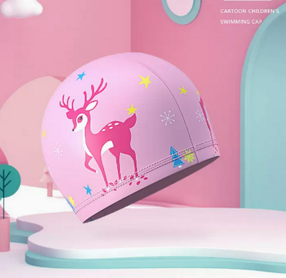 Popular swimming cap for boys and girls, waterproof and non-stretching (pink deer-PU style)