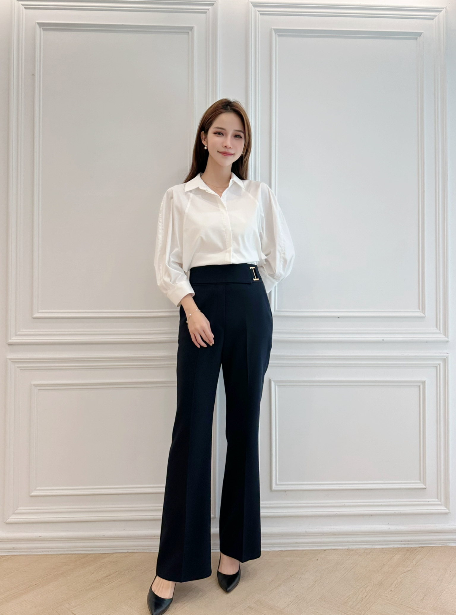 七分澎袖腰身襯衫