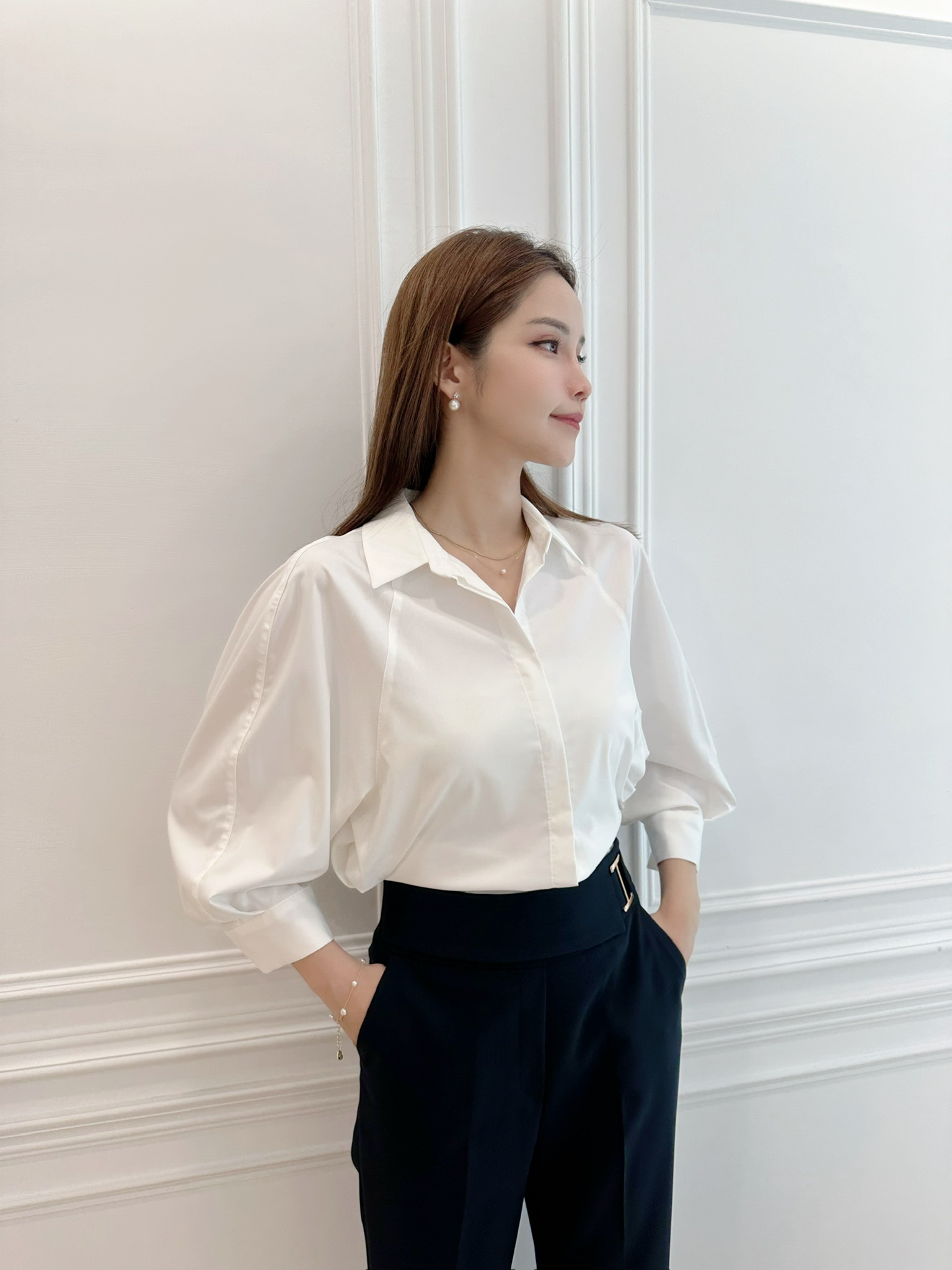 七分澎袖腰身襯衫