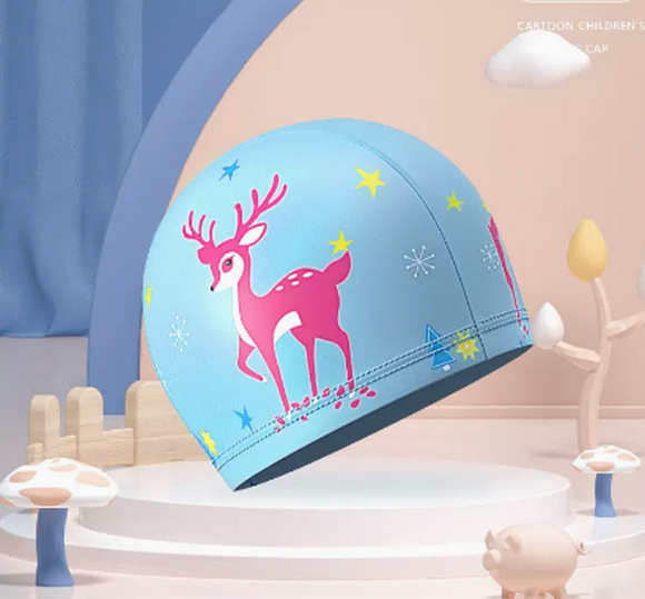 Popular swimming cap for boys and girls, waterproof and non-stretching (blue deer-PU style)