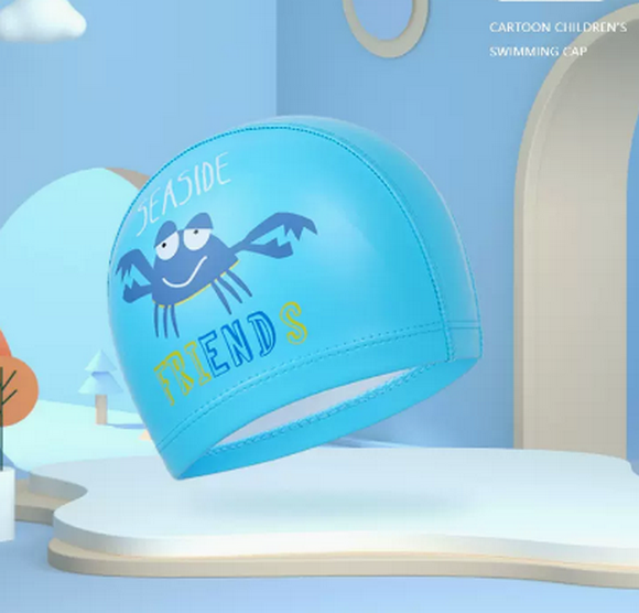 Popular swimming cap for boys and girls, waterproof and non-stretching (Blue Crab - PU style)