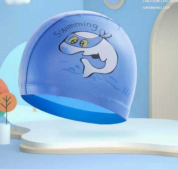 Popular swimming cap for boys and girls, waterproof and non-stretching (Blue Dolphin-PU style)