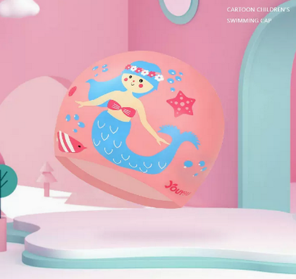 Popular swimming cap for boys and girls, waterproof and non-stretching (pink mermaid-silicone style)