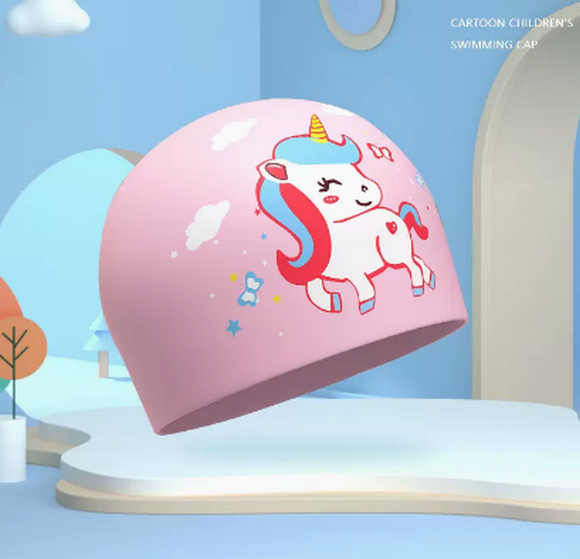 Popular swimming cap for boys and girls, waterproof and non-stretching (pink unicorn-silicone style)
