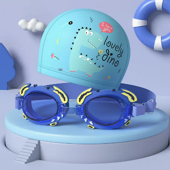 Popular swimming cap for boys and girls, waterproof and non-stretching (crab swimming goggles + swimming cap set)