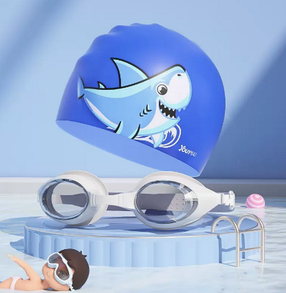 Popular cute cartoon swimming cap for boys and girls (white swimming goggles + shark swimming cap)