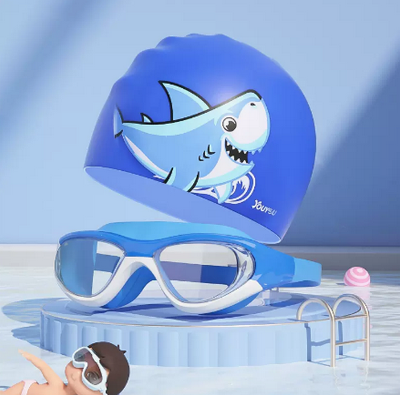 Popular cute cartoon swimming cap for boys and girls (blue swimming goggles + shark swimming cap)