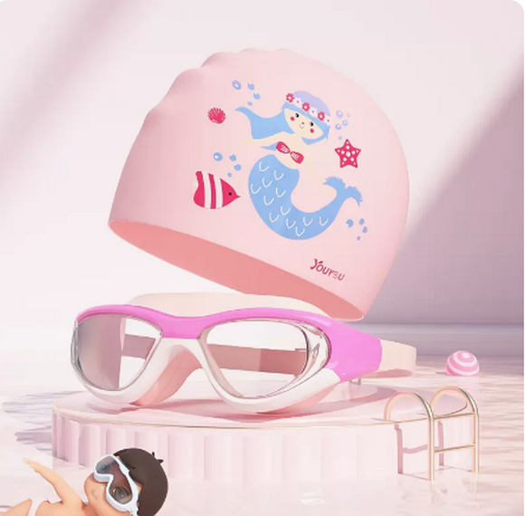 Popular cute cartoon swimming cap for boys and girls (light pink swimming goggles + light pink mermaid swimming cap)