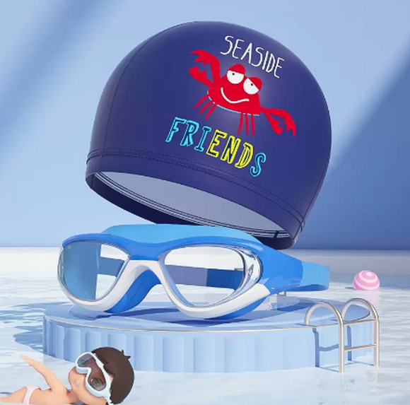 Popular cute cartoon swimming cap for boys and girls (blue swimming goggles + navy crab [PU cap])
