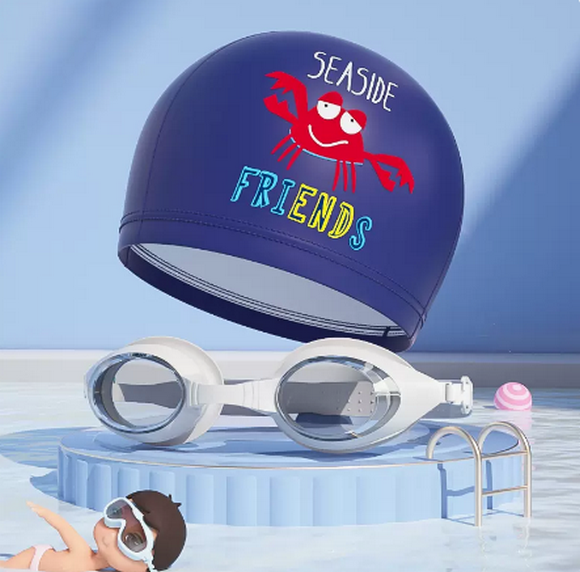 Popular cute cartoon swimming cap for boys and girls (white swimming goggles + navy blue crab [PU cap])