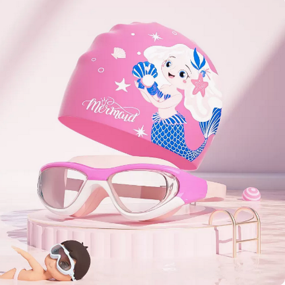 Popular cute cartoon swimming cap for boys and girls (light pink swimming goggles + cute mermaid swimming cap)