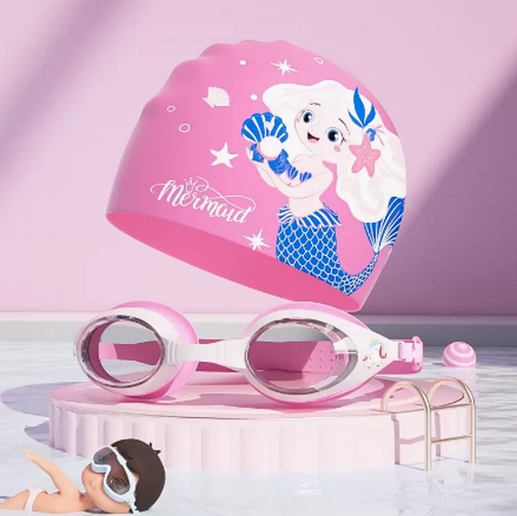 Popular cute cartoon swimming cap for boys and girls (pink swimming goggles + cute mermaid swimming cap)