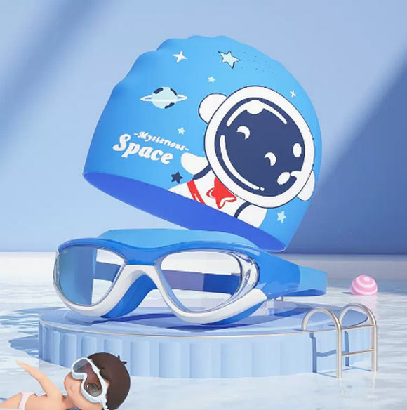 Popular cute cartoon swimming cap for boys and girls (blue swimming goggles + space astronaut)