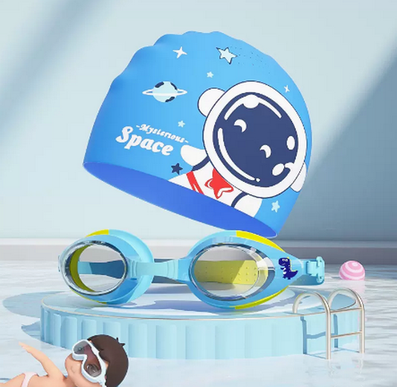Popular cute cartoon swimming cap for boys and girls (light blue swimming goggles + space astronaut)