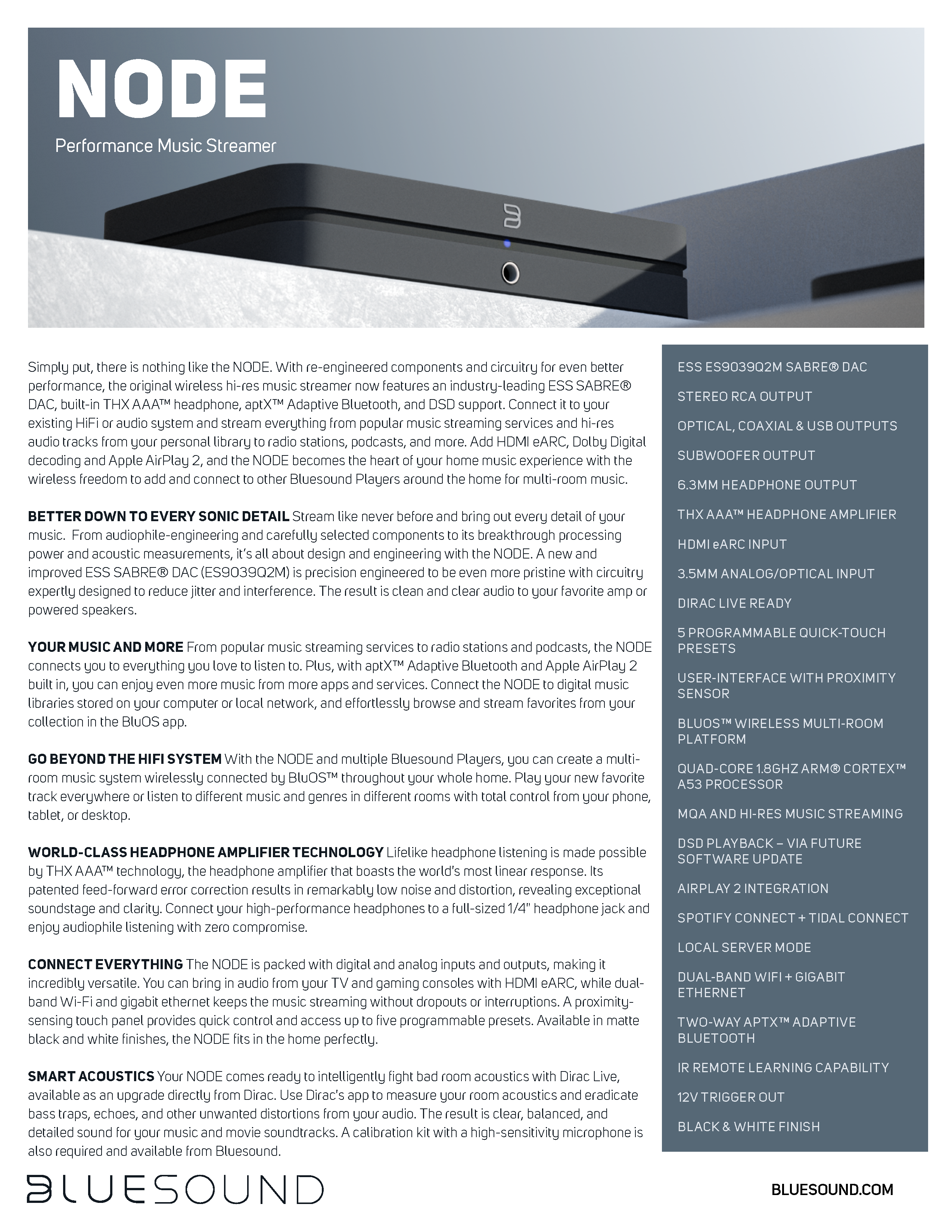 Bluesound Node 2024 Specification Sheet 1