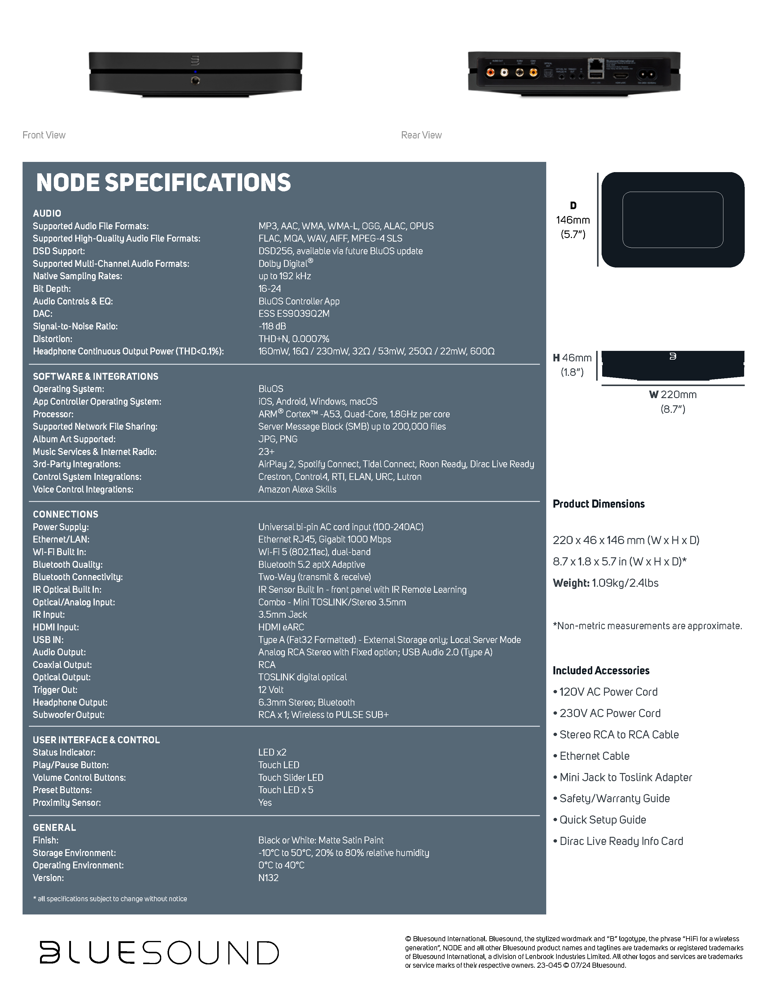 Bluesound Node 2024 Specification Sheet 2