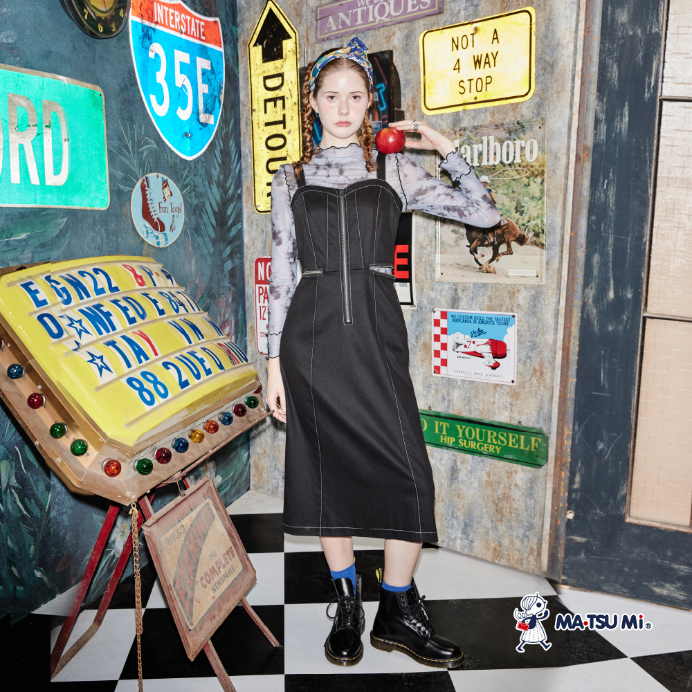 MA‧TSU Mi 個性車線拉鍊吊帶洋裝(黑)