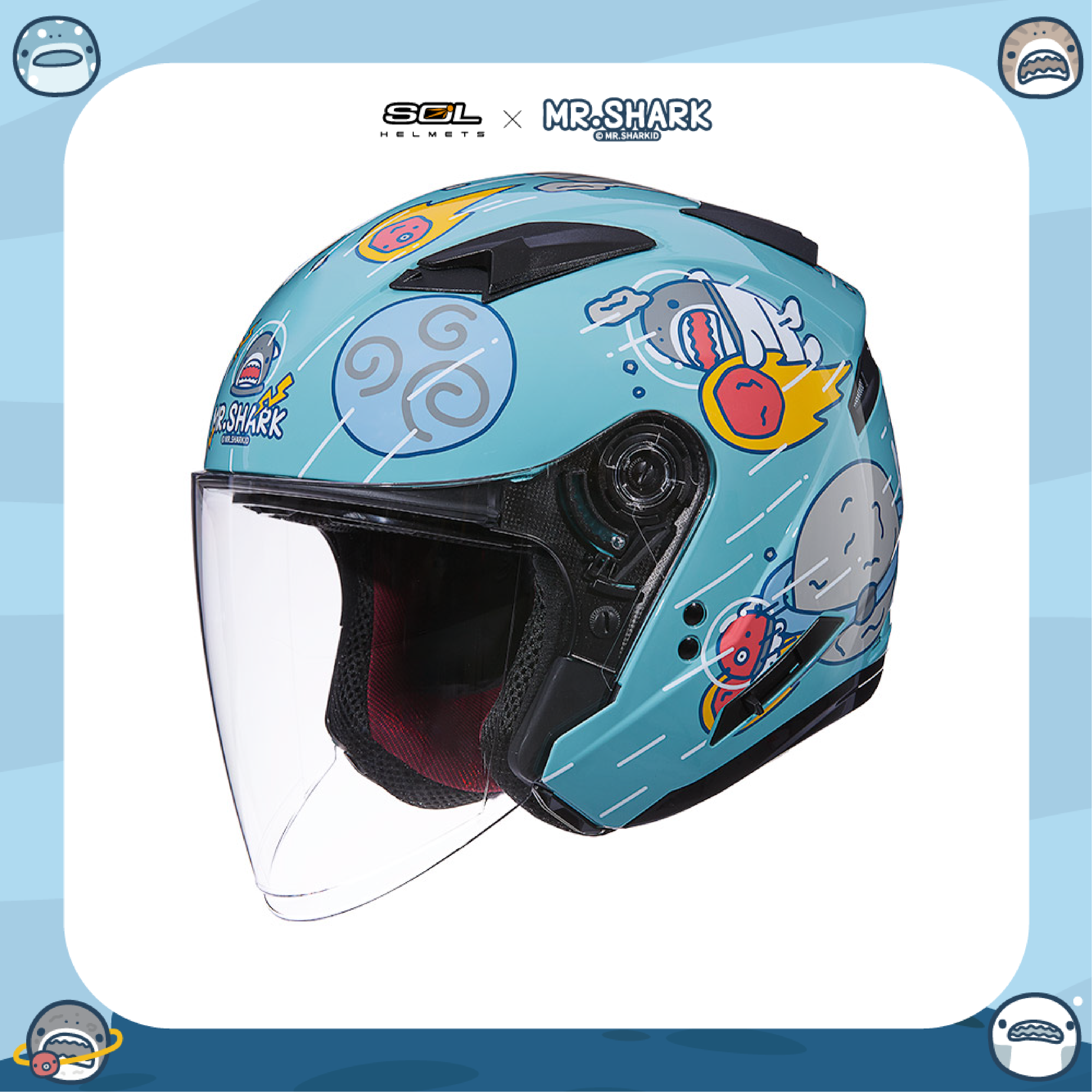 SOL SO-7E 彩繪 正版授權 彩繪 鯊魚先生 極光綠 半罩 安全帽 SO7E