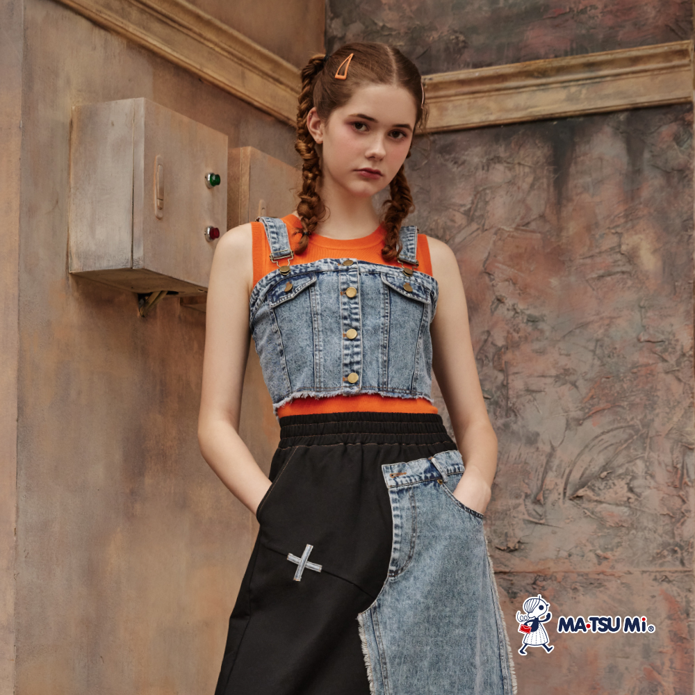 MA‧TSU Mi 抽鬚丹寧棉料吊帶短版背心(水藍)