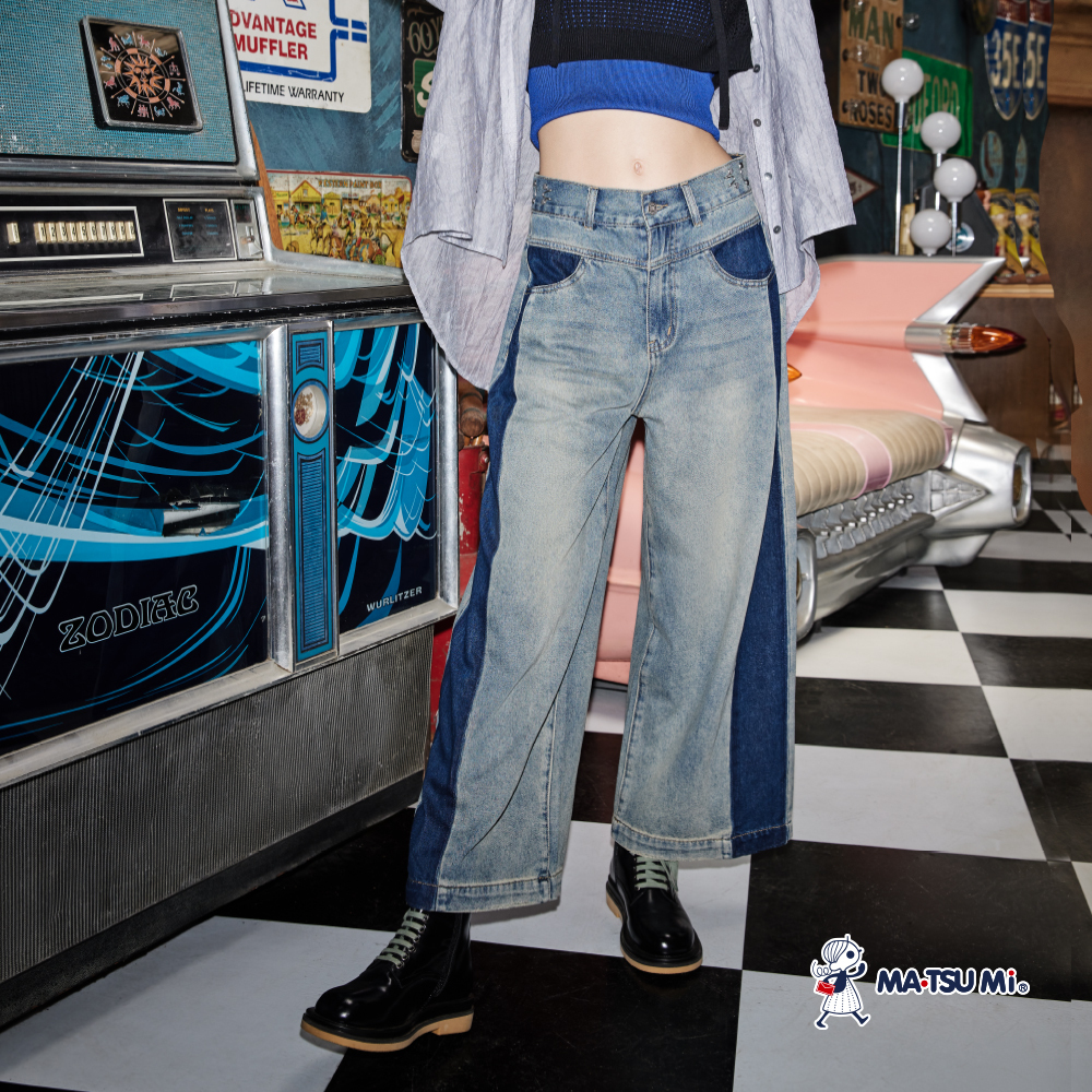 MA‧TSU Mi 可調式跳色水洗丹寧棉料寬褲(深藍)