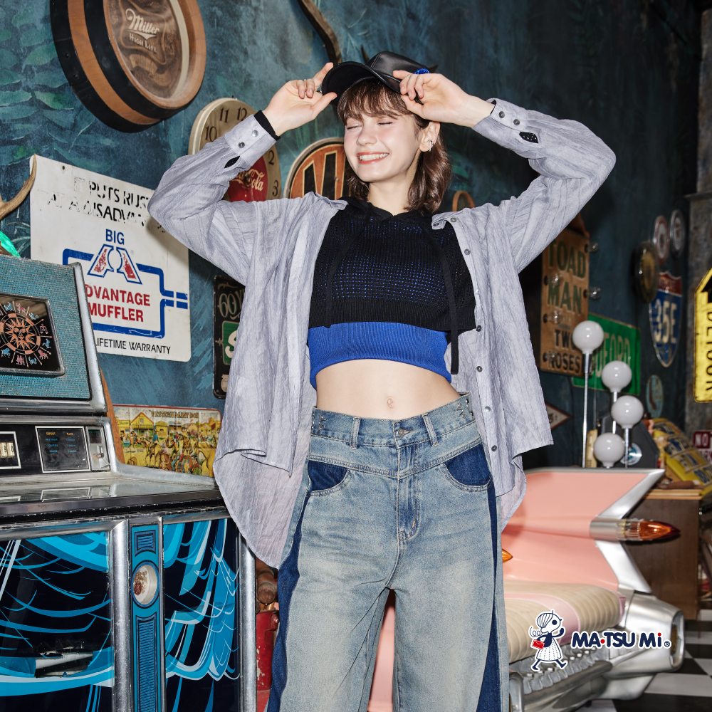 MA‧TSU Mi 可調式跳色水洗丹寧棉料寬褲(深藍)