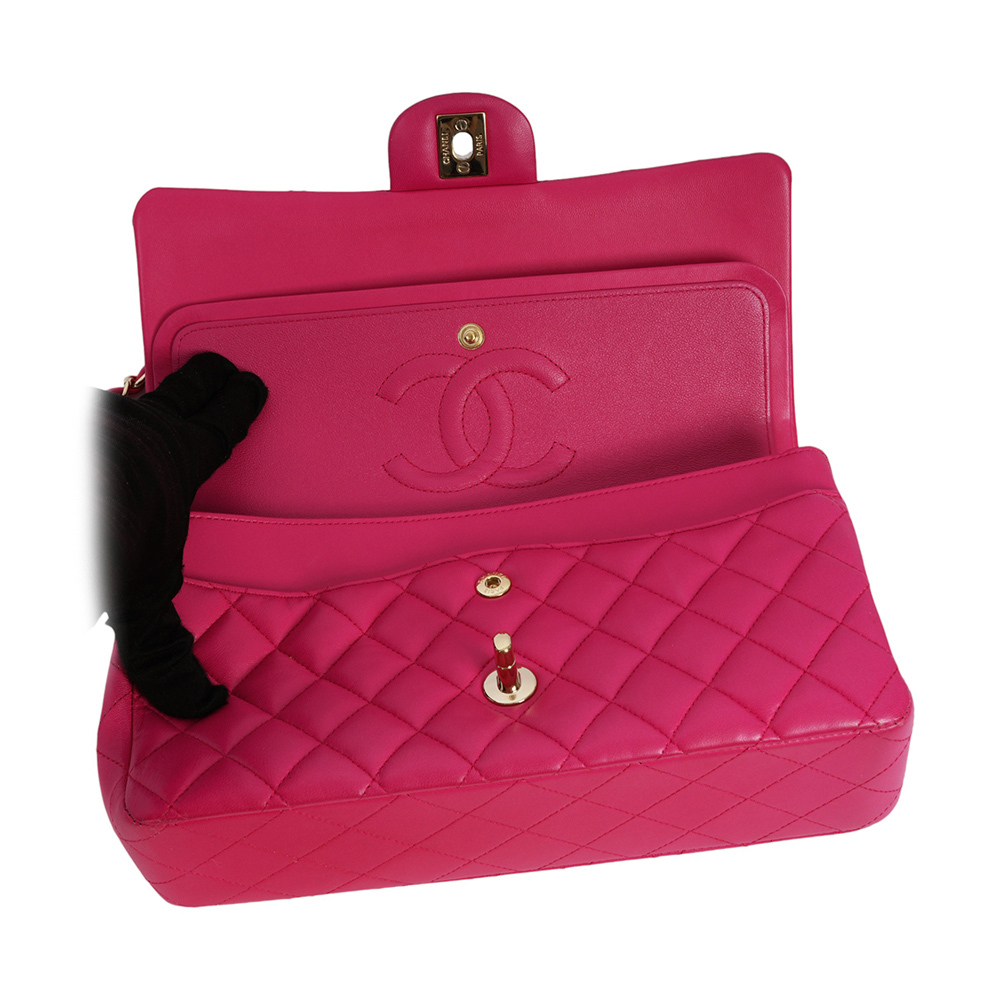 【CHANEL】金釦菱格紋小羊皮 25cm COCO包/口蓋包(桃紅色) A01112 Y04059 2A995