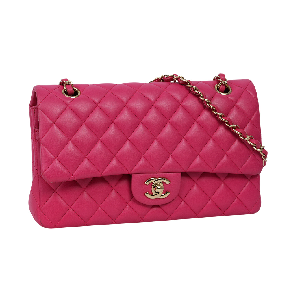 【CHANEL】金釦菱格紋小羊皮 25cm COCO包/口蓋包(桃紅色) A01112 Y04059 2A995