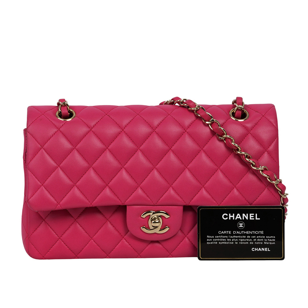 【CHANEL】金釦菱格紋小羊皮 25cm COCO包/口蓋包(桃紅色) A01112 Y04059 2A995